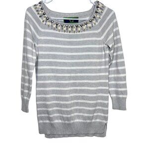 C Wonder Sweater XXS Womens Grey Cream Jewel Boat Neck‎ Striped Pullover